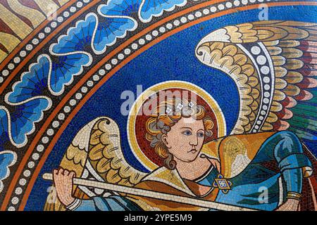 Europe, Germany, Berlin. Ceiling of the Kaiser Wilhem memorial church monumnet. Angel part of ceiling mosaic. 2 May 2018. Stock Photo