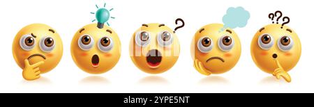 Thinking emojis clipart characters set. Emoji 3d character in curious, confused, guess, sad, shock and serious facial expression yellow round Stock Vector