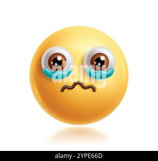 Crying emoji clipart 3d character. Emoji face in cry, sad, frown, despair, stress, depressed, hopeless and lonely facial expression yellow icon Stock Vector