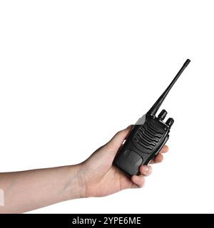 Woman with walkie talkie on white background, closeup Stock Photo