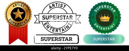 Superstar artist entertainer entertainment super stars famous success award stamp colorful badges medallion ribbon grunge texture sticker banner label Stock Vector