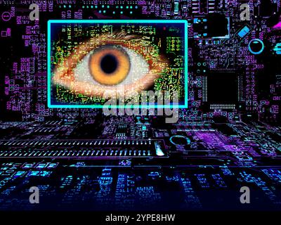 Conceptual illustration of artificial intelligence (AI) surveillance with an eye, display and computer circuits. This could represent a future where forms of artificial intelligence control and manage the world. Stock Photo