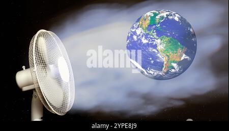 Conceptual illustration of a cooling Earth. As the impacts of climate change intensify and become more severe, unconventional ideas are gaining momentum as potential short-term solutions to lower Earth's temperature such as solar geoengineering. Stock Photo