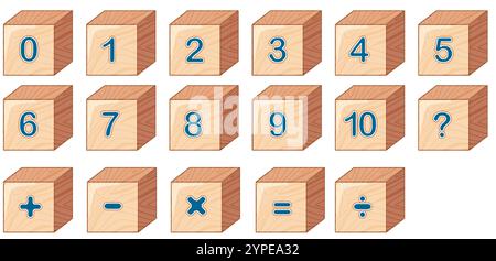 Wooden blocks featuring numbers and math symbols Stock Vector