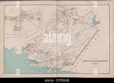 Westchester, Double Page Plate No. 17 [Map of Towns of White Plains, Harrison, and Rye] 1893 Stock Photo