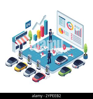 Isometric Global Electric Vehicle Market Growth Analysis with Charging Stations Cars and Data Analytics. Global Electric Vehicle Market Growth Concept Stock Vector