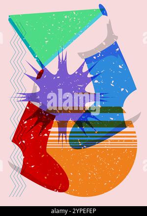 Risograph Christmas stocking with geometric shapes. Objects in trendy ...