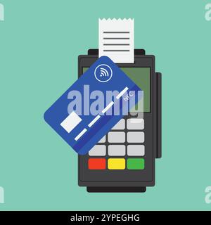 Credit card with mobile and pos terminal for payment isolated. Nfc pay. Icon of contactless pay with help smartphone or debit card. Stock Vector