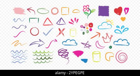 Vector hand drawn comic doodle symbols collection on transparent background Stock Vector