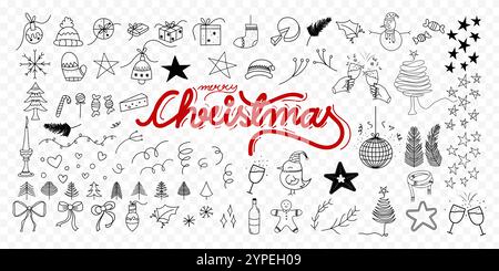 Vector hand drawn Christmas doodles with hand written Merry Christmas text on transparent background Stock Vector
