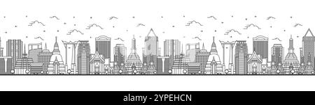 Seamless pattern with outline Bangkok Thailand City Skyline with Modern and Historic Buildings Isolated on White. Vector Illustration. Stock Vector