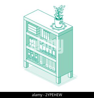 Isometric bookshelf with houseplant. Outline style with green lines. Vector illustration. Stock Vector