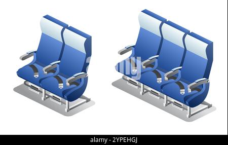 Isometric airplane seats. Vector illustration. Economy class seats. Objects isolated on white background. Aircraft interior armchair. Stock Vector