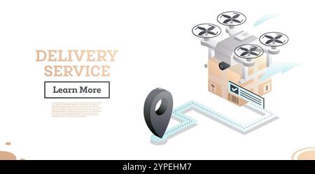 Drone delivery service technology. Vector illustration. Isometric concept. Quadcopter with parcel. Map pointer. Drone delivers goods. Stock Vector