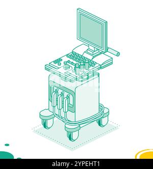 Ultrasound scanner machine with a screen. Isometric modern object isolated on white background. Outline style. Vector illustration. Medical diagnosis Stock Vector