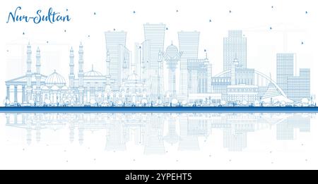 Outline Nur-Sultan Kazakhstan City Skyline with Blue Buildings and reflections. Vector Illustration. Nur-Sultan Cityscape with Landmarks. Stock Vector