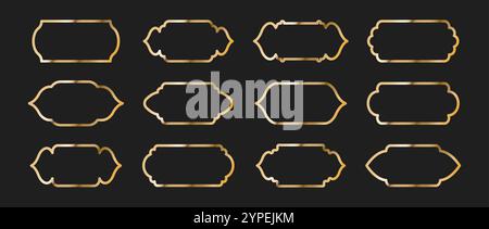 Set of Shape Islamic Windows. Golden Muslim frames isolated on dark background. Collection of arches in oriental style. Flat Vector illustration Stock Vector