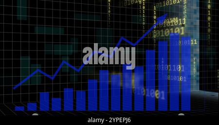 Image of binary coding, data processing and statistics over dark background Stock Photo