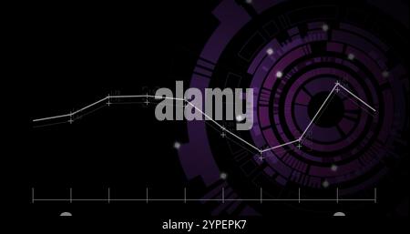 Line graph with data points over abstract purple and black circular image Stock Photo