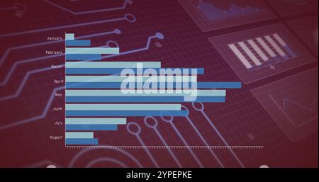 Bar chart showing monthly data over circuit board image Stock Photo