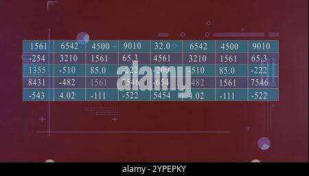 Data table with numerical values over red background with geometric shapes image Stock Photo