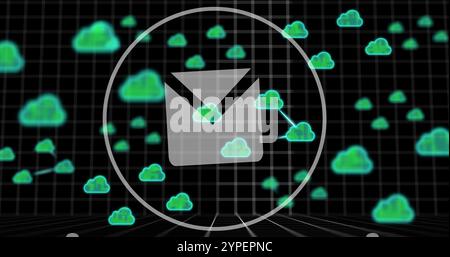 Image of email icon, data processing and clouds over dark background Stock Photo