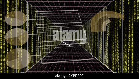 Digital grid and binary code image over abstract tunnel Stock Photo