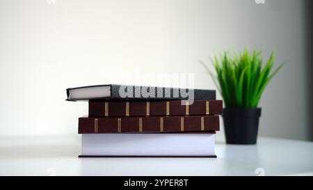 A stacked book arrangement and a potted plant on a minimalist desk create a serene workspace Stock Photo