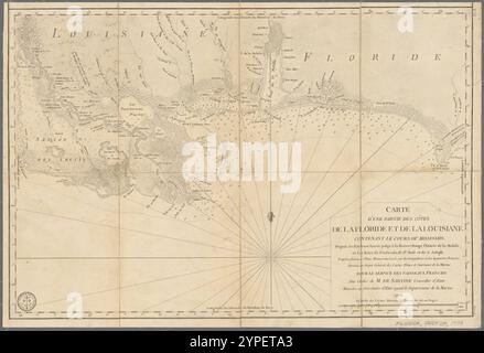 Carte d'une partie des cÃ´tes de la Floride et de la Louisiane : contenant le cours du Mississipi, depuis ses embouchures jusqu' Ã  la Riviere Rouge, l'entrÃ©e de la Mobile, et les baies de Pensacola, de Ste. Rose et de S. Joseph ; d'apres plusieurs plans manuscrits, levÃ©e par des navigateurs et des ingenieurs franÃ§ois  1778 by Sartine, Antoine de, comte d'Alby, 1729-1801 Stock Photo