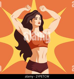 Vector poster with a woman bodybuilder in retro poster style. Strong muscular woman. Female power. Postcard with a sporty woman in pop art style Stock Vector