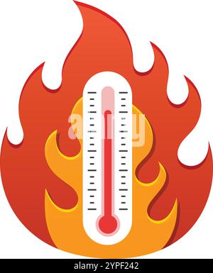 Thermometer in flame icon in flat style. Climate control vector illustration on isolated background. Weather change sign business concept. Stock Vector
