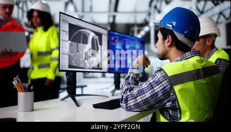 Engineer Doing 3D CAD Model Design On Computer At Factory Stock Photo