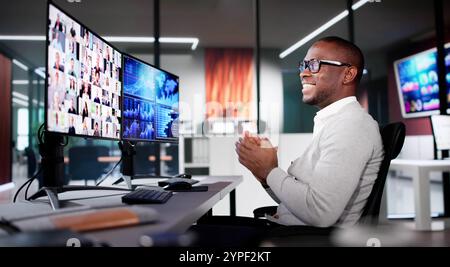 Virtual Online Video Meeting On Computer Monitor Stock Photo