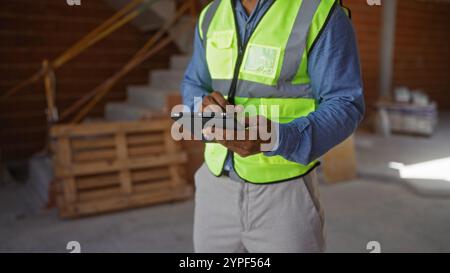 Young african american man using tablet at construction site wearing reflective vest Stock Photo