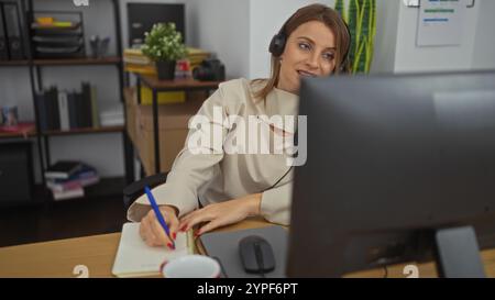Young attractive blonde woman working on a computer while taking notes in an office environment, wearing a headset with a cup of coffee on the desk. Stock Photo