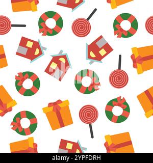 Christmas Seamless Pattern with icons in flat style. Vector illustration Stock Vector