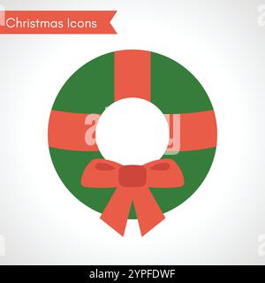Green Christmas Wreath with Red Ribbon. Christmas Icon. Vector illustration Stock Vector