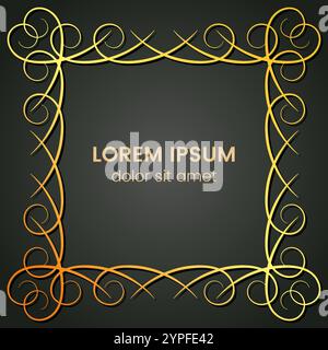 A square golden monogram element on a dark background. Vector illustration. Stock Vector