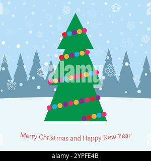 Christmas tree with bright toys in the forest in snowy weather. Vector illustration Stock Vector