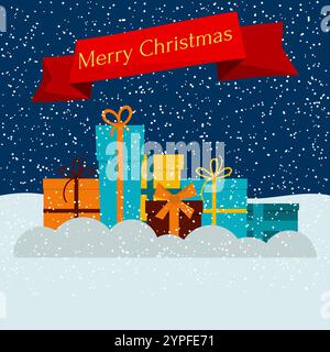 Gift boxes on snow and falling snow and a red ribbon with the inscription Happy Christmas. Vector illustration. Stock Vector