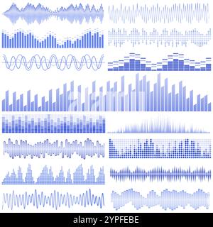 Vector set of blue sound waves. Audio equalizer. Sound & audio waves isolated on white background. Stock Vector