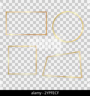 Gold shiny frames with glowing effects. Set of four gold rectangular, round, square and quadrangular frames with shadows on transparent background. Ve Stock Vector