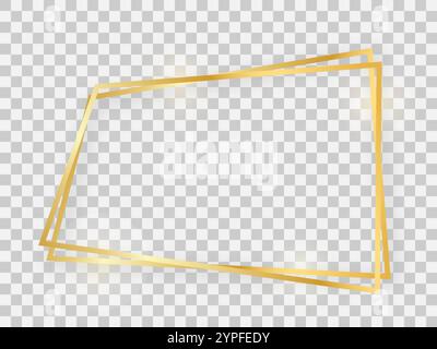 Double gold shiny trapezoid frame with glowing effects and shadows on transparent background. Vector illustration Stock Vector