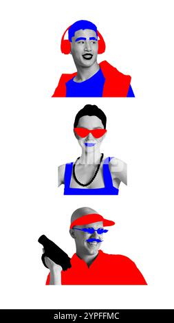 Contemporary art collage. Pop art design. Individuals with vibrant red and blue highlights, evoking youthful and energetic aesthetic. Stock Photo