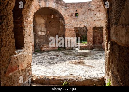 A circular black-and-white mosaic floor at the Baths of the Seven Wise Men, in Ostia Antica, depicting vegetative elements and hunting scenes. The mos Stock Photo