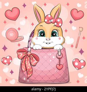 Cute cartoon bunny sits in a woman's bag. Vector illustration of an animal on a pink background with hearts. Stock Vector