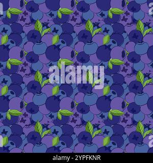 Vector seamless close pattern with blueberries. Graphic line illustration with berries and leaves. whortleberry, huckleberry, hurtleberry, blaeberry Stock Vector