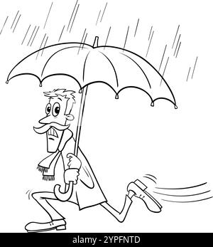 Cartoon illustration of man with an umbrella fleeing the rain coloring page Stock Vector