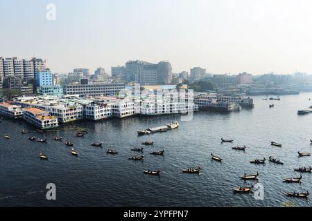 Looking down on a Wooden taxi boat on the Buriganga river in Dhaka, Bangladesh. Stock Photo