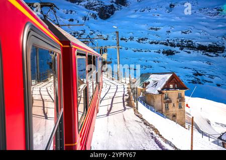 Eigergletscher alpine railway to Jungrafujoch peak view from train, Berner Oberland region of Switzerland Stock Photo